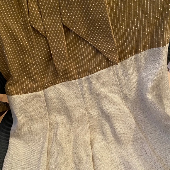 60s/70s Size S Mini Dress Neck Tie Linen Skirt Gold Beige Bodice - Picture 16 of 16